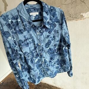 Vintage Blue Floral Corduroy Button Down Shirt Softgrunge Cottagecore 90s
